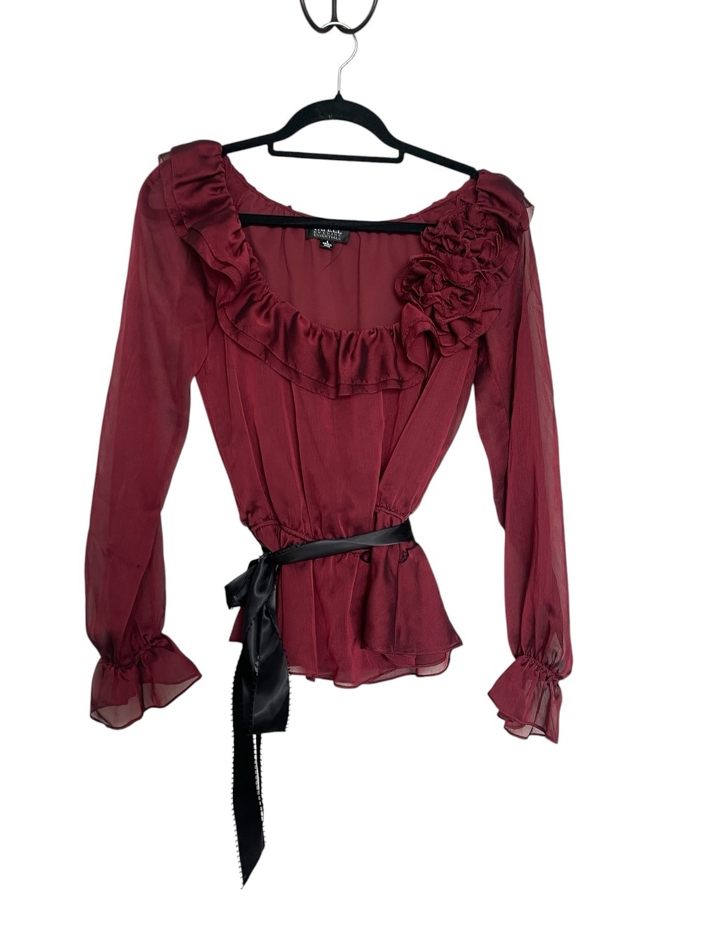 Adrianna Papell Burgundy Ruffle Wrap Top with Black Sash
